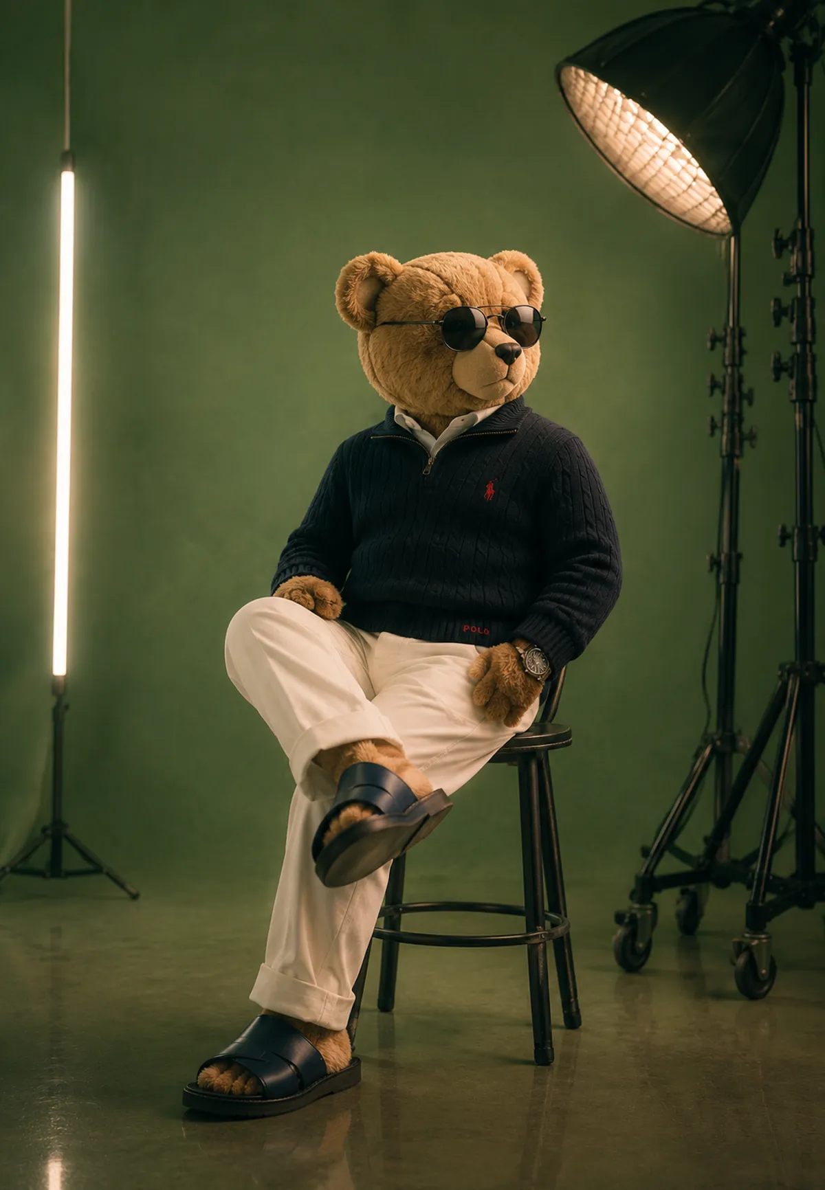 O urso da YATS sentado num estúdio de fundo verde, de suéter azul-marinho e calça clara